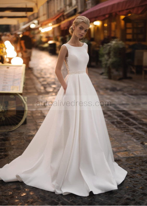 Ivory Satin Beading Lace V Back Modest Wedding Dress